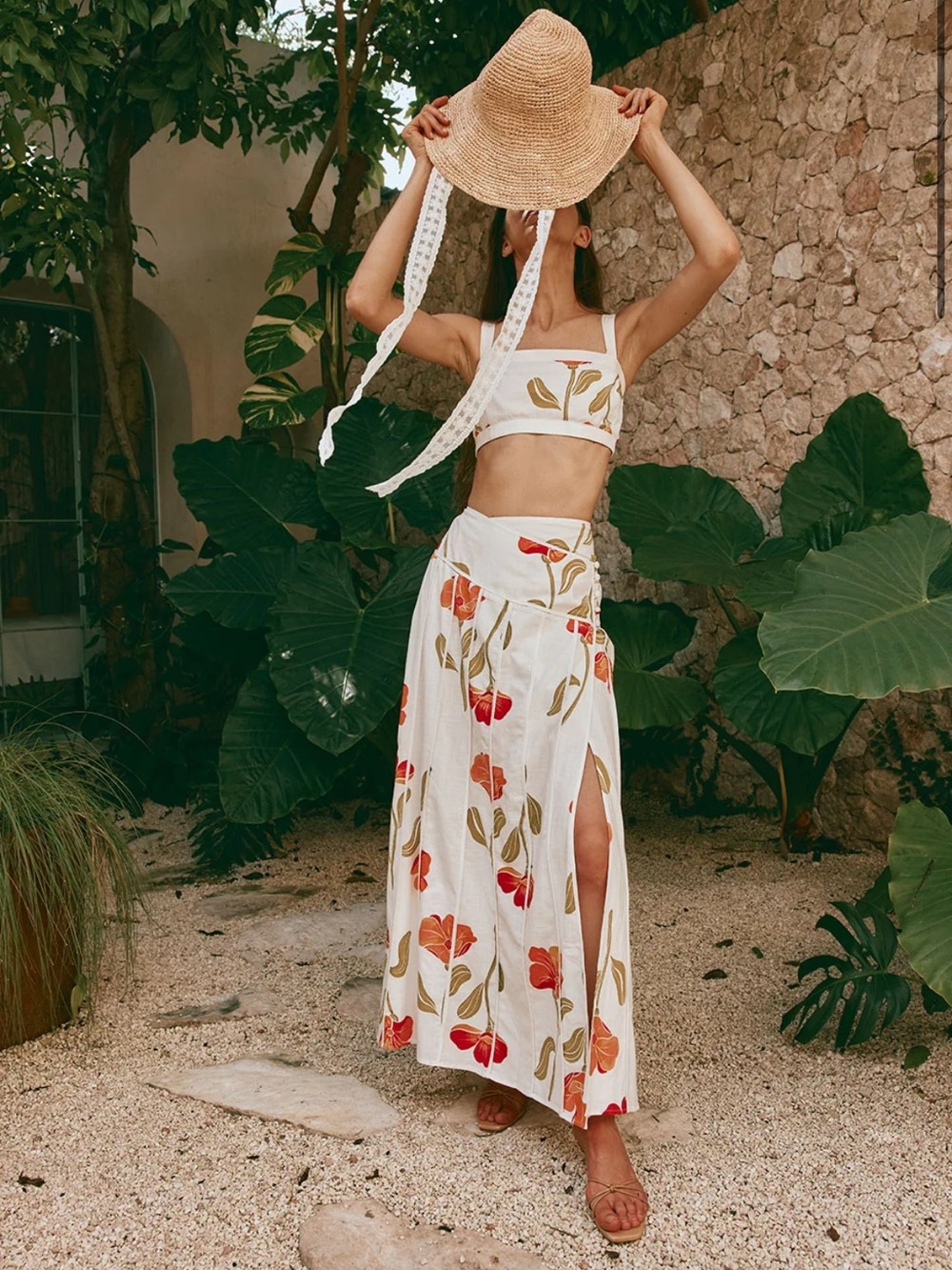 Sabo Skirt Set White Maxi Skirt with Orange Floral Print and top